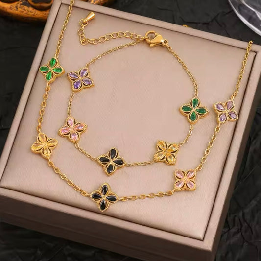 Set Bracciale e Collana ‘Monogram Flower’ Arcobaleno Oro