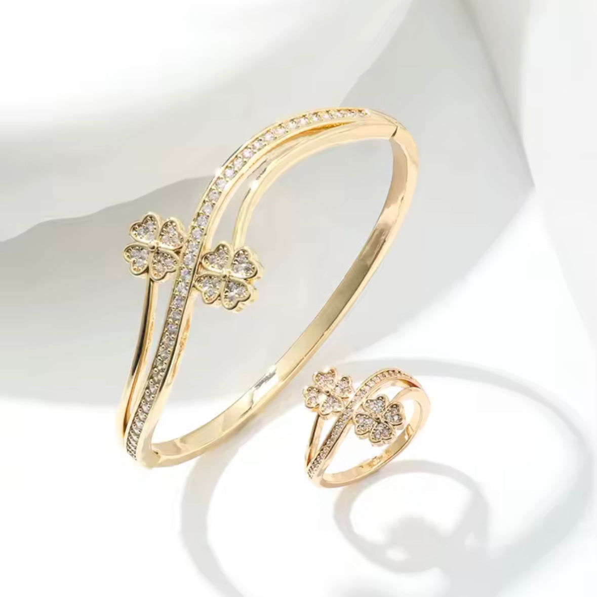 Set Bracciale e Anello Quadrifoglio con Zirconi Oro/Argento